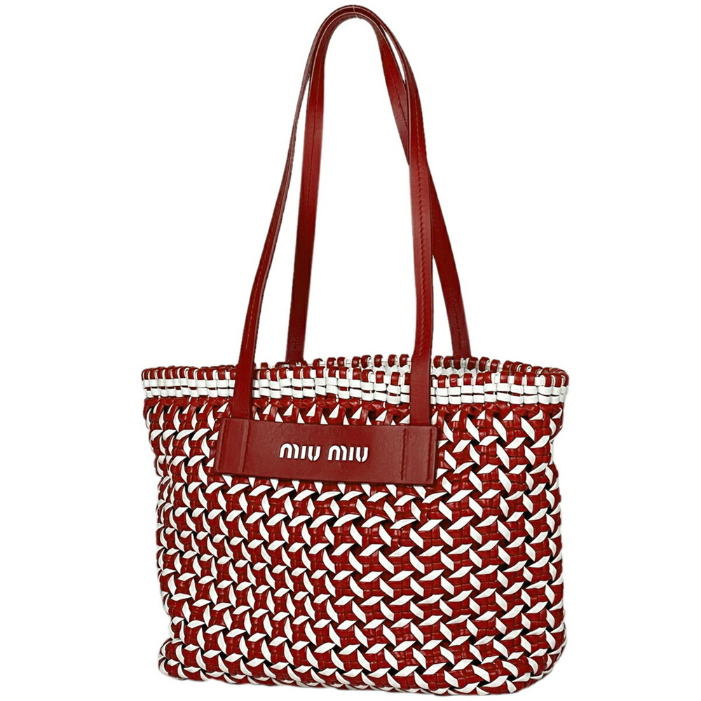 Miu Miu Logo Tote Bag Shoulder Handbag Leather Red
